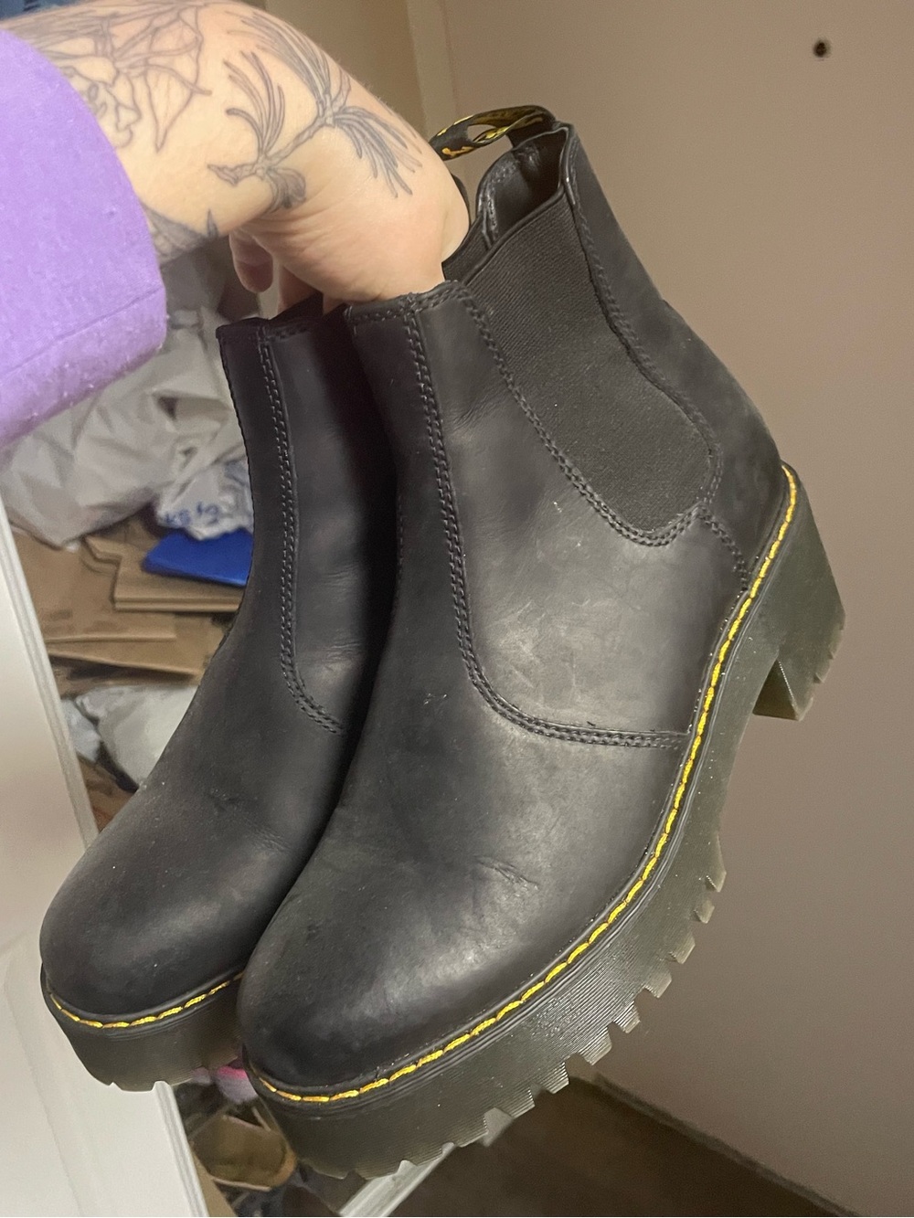 Dr Martens Black Chelsea Platform Boots with Yellow Stitching